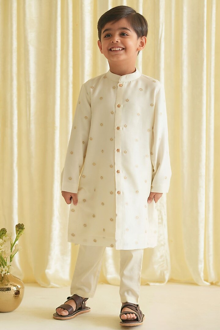 Cream Viscose Brocade Embroidered Kurta Set For Boys by Tiber Taber at Pernia's Pop Up Shop