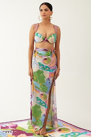 Purple & Green Chiffon Satin Maxi Skirt by Tizzi
