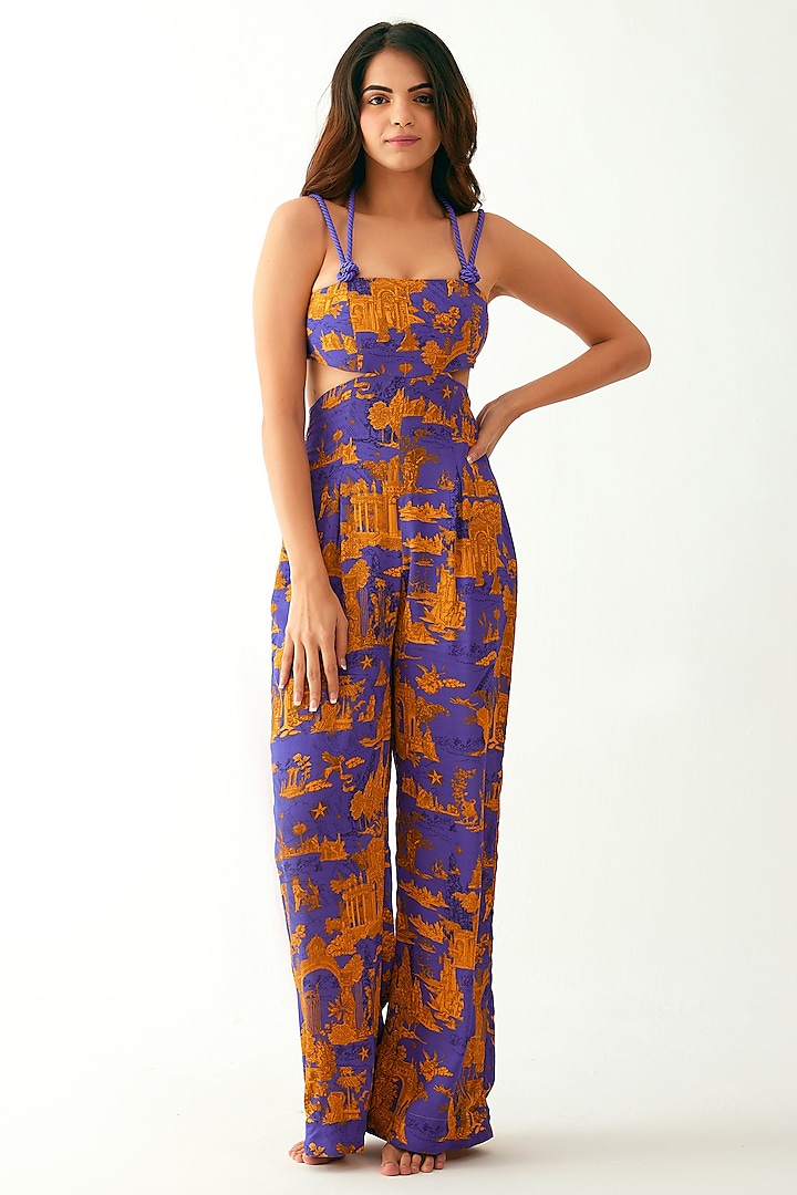 Purple & Orange Textured Crepe Jumpsuit by Tizzi