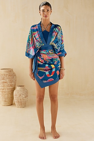 Blue Chiffon Satin Printed Drapey Robe Dress by Tizzi