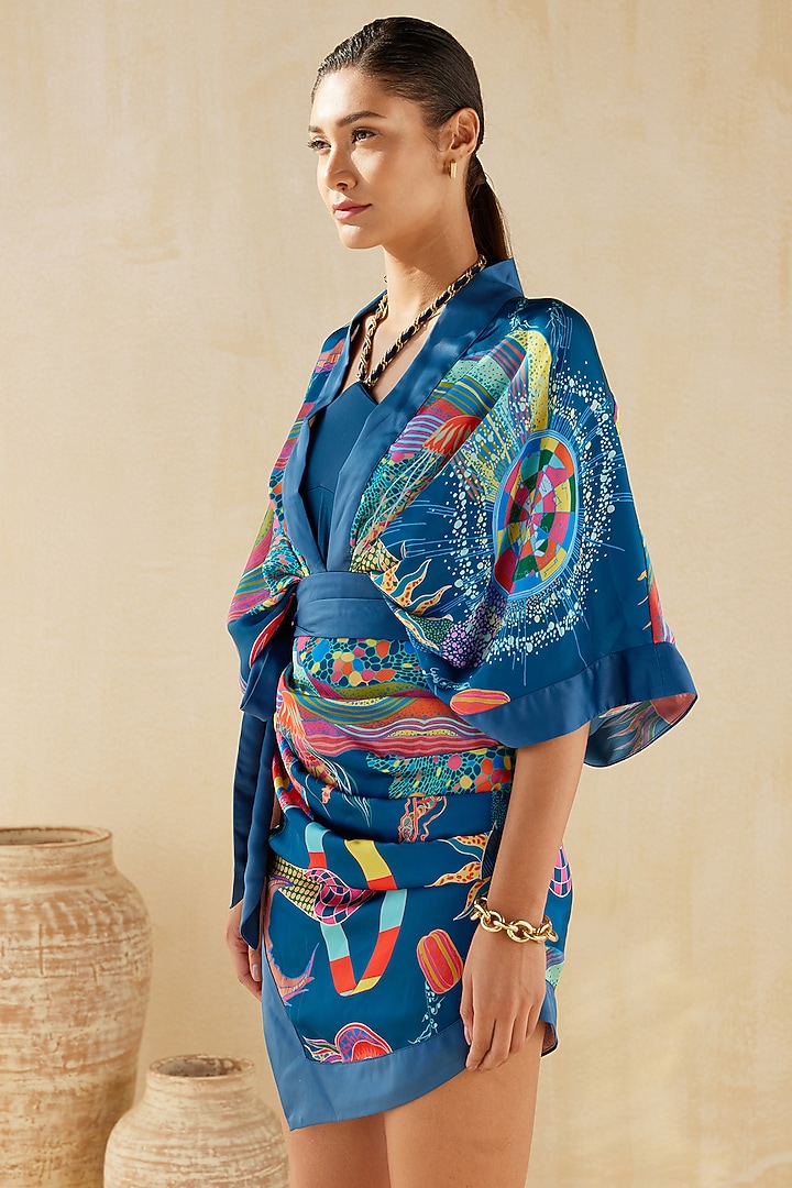 Blue Chiffon Satin Printed Drapey Robe Dress by Tizzi at Pernia's Pop Up Shop