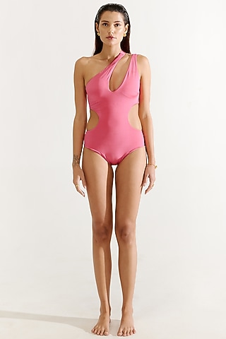 Rogue Pink Polyamide & Elastane One-Shoulder Swimsuit by Tizzi