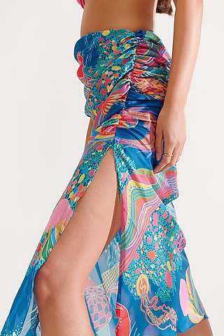 Blue Chiffon Satin Printed High-Low Sheer Skirt by Tizzi