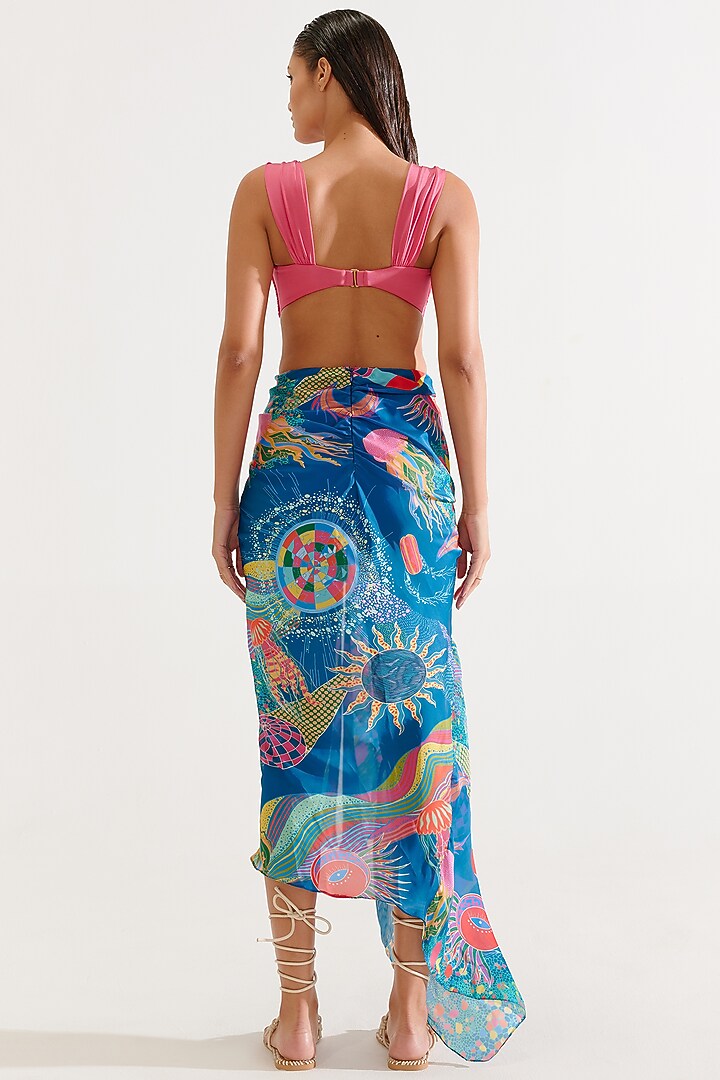 Blue Chiffon Satin Printed High-Low Sheer Skirt by Tizzi at Pernia's Pop Up Shop