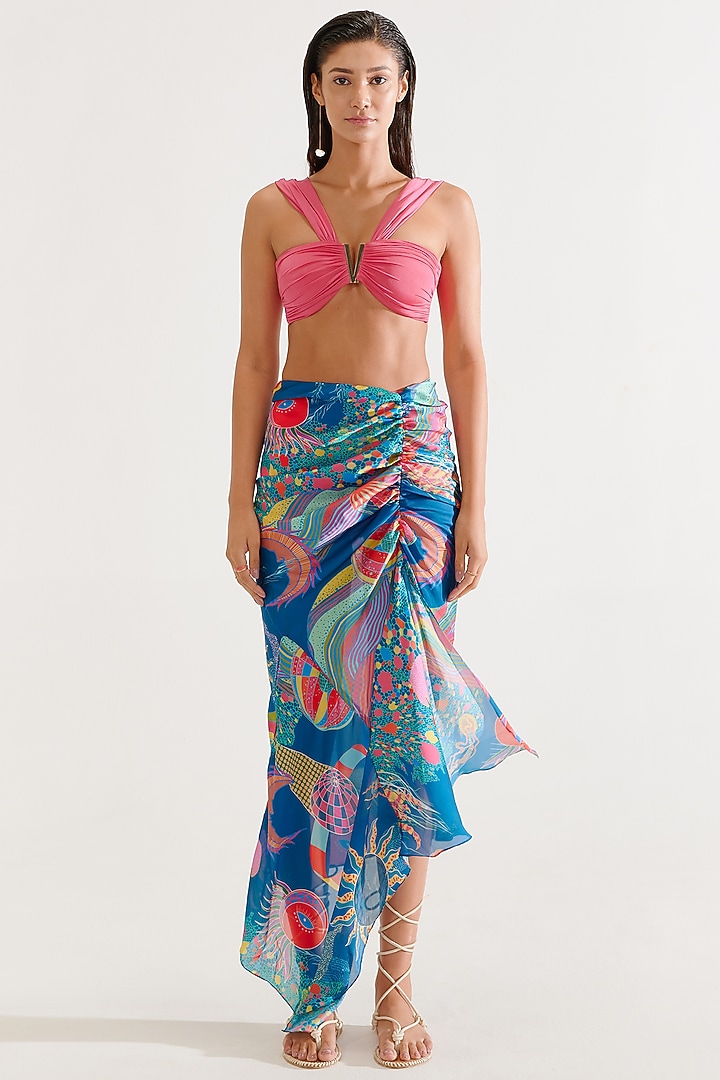 Blue Chiffon Satin Printed High-Low Sheer Skirt by Tizzi at Pernia's Pop Up Shop