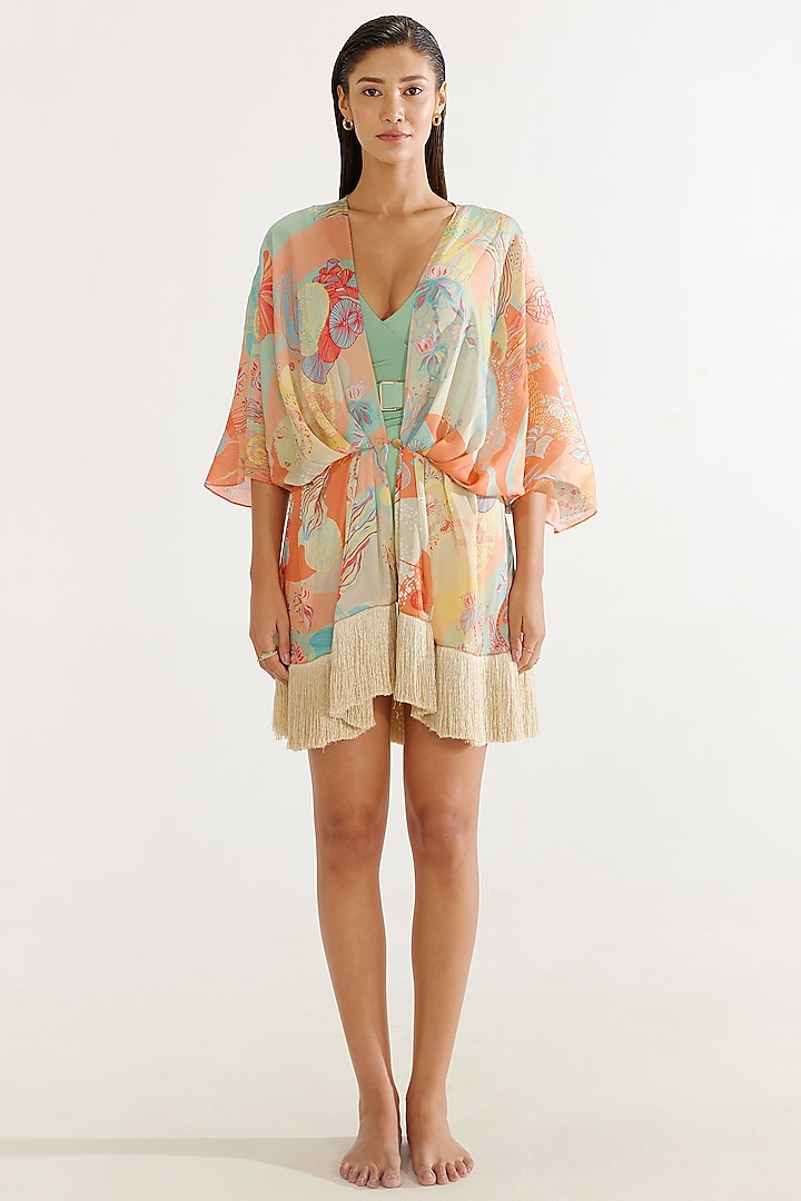 Multi-Colored Chiffon Satin Printed Cover-Up by Tizzi