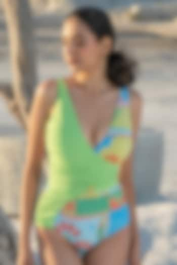 Green Polyamide & Elastane Crossover-Styled Swimsuit With Belt by Tizzi at Pernia's Pop Up Shop