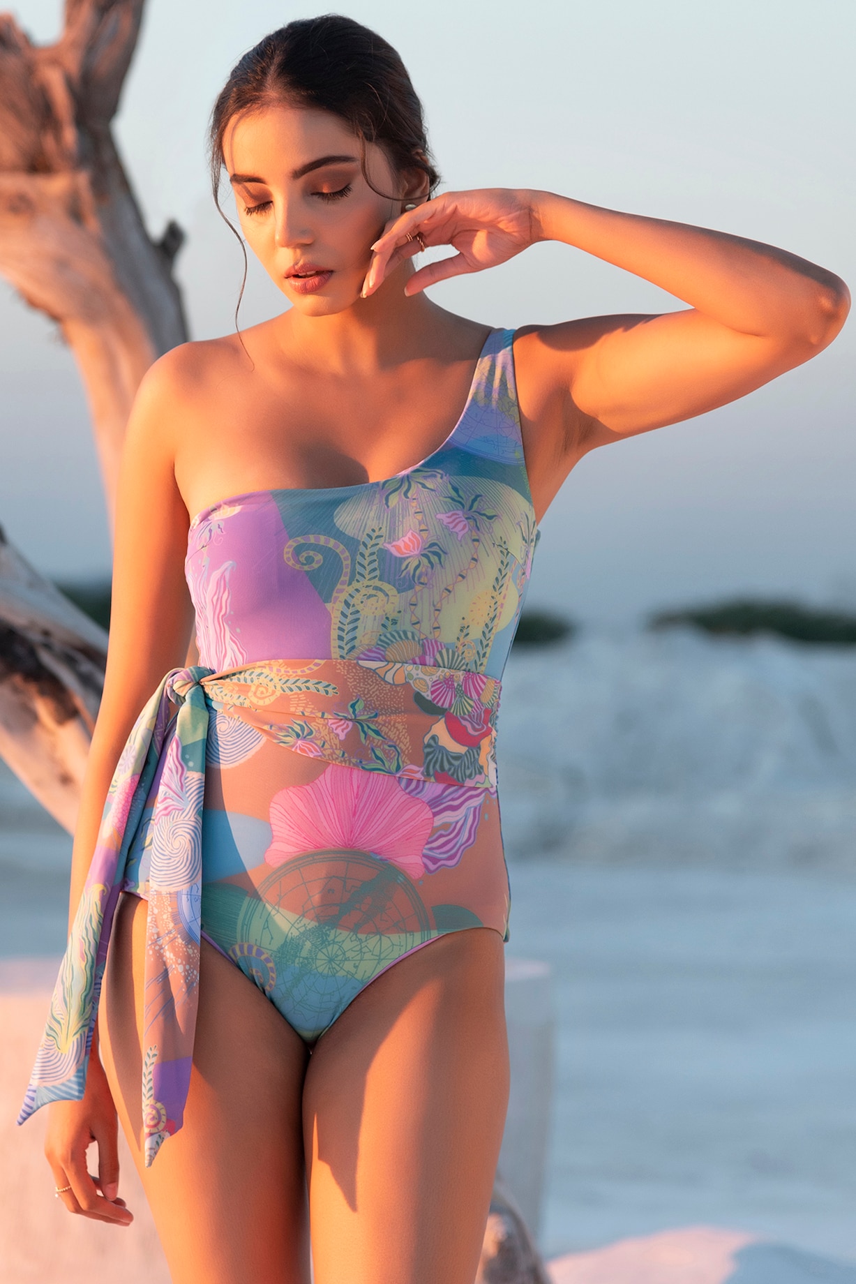 Lilac Polyamide & Elastane One-Shoulder Swimsuit With Belt Design