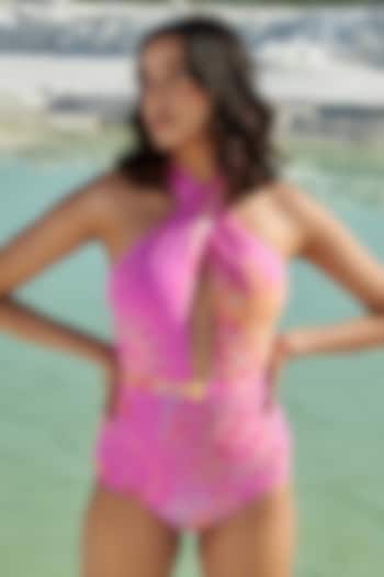 Pink Polyamide & Elastane Halterneck Swimsuit by Tizzi at Pernia's Pop Up Shop