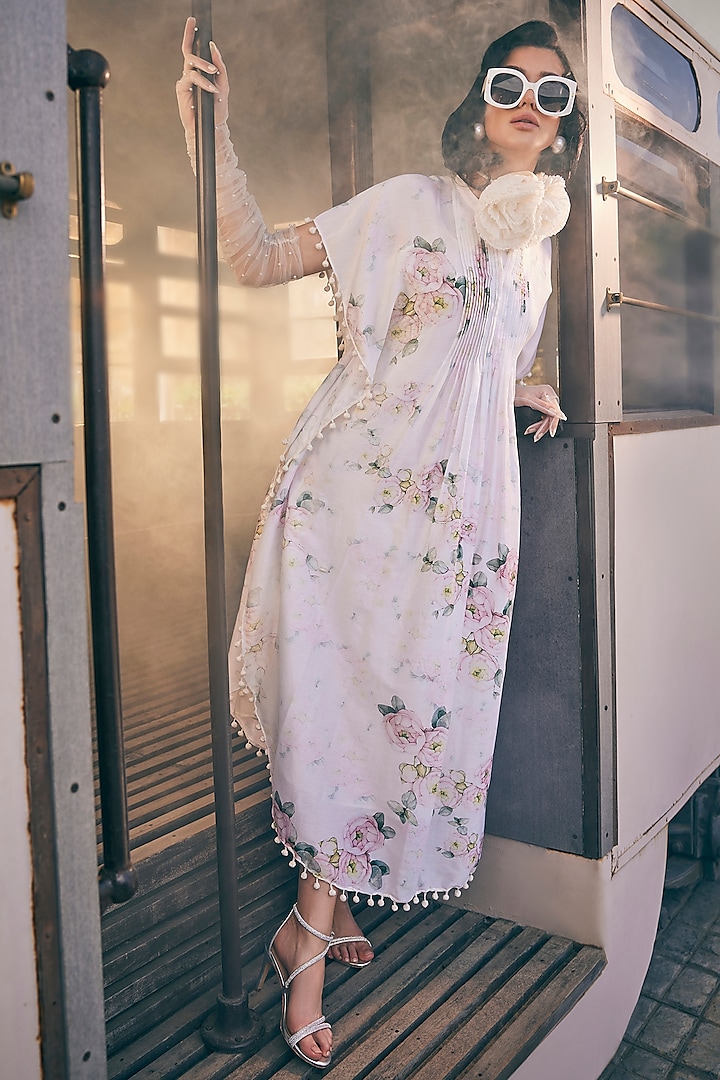 Ivory Chanderi Floral Printed Kaftan by TABEER INDIA at Pernia's Pop Up Shop