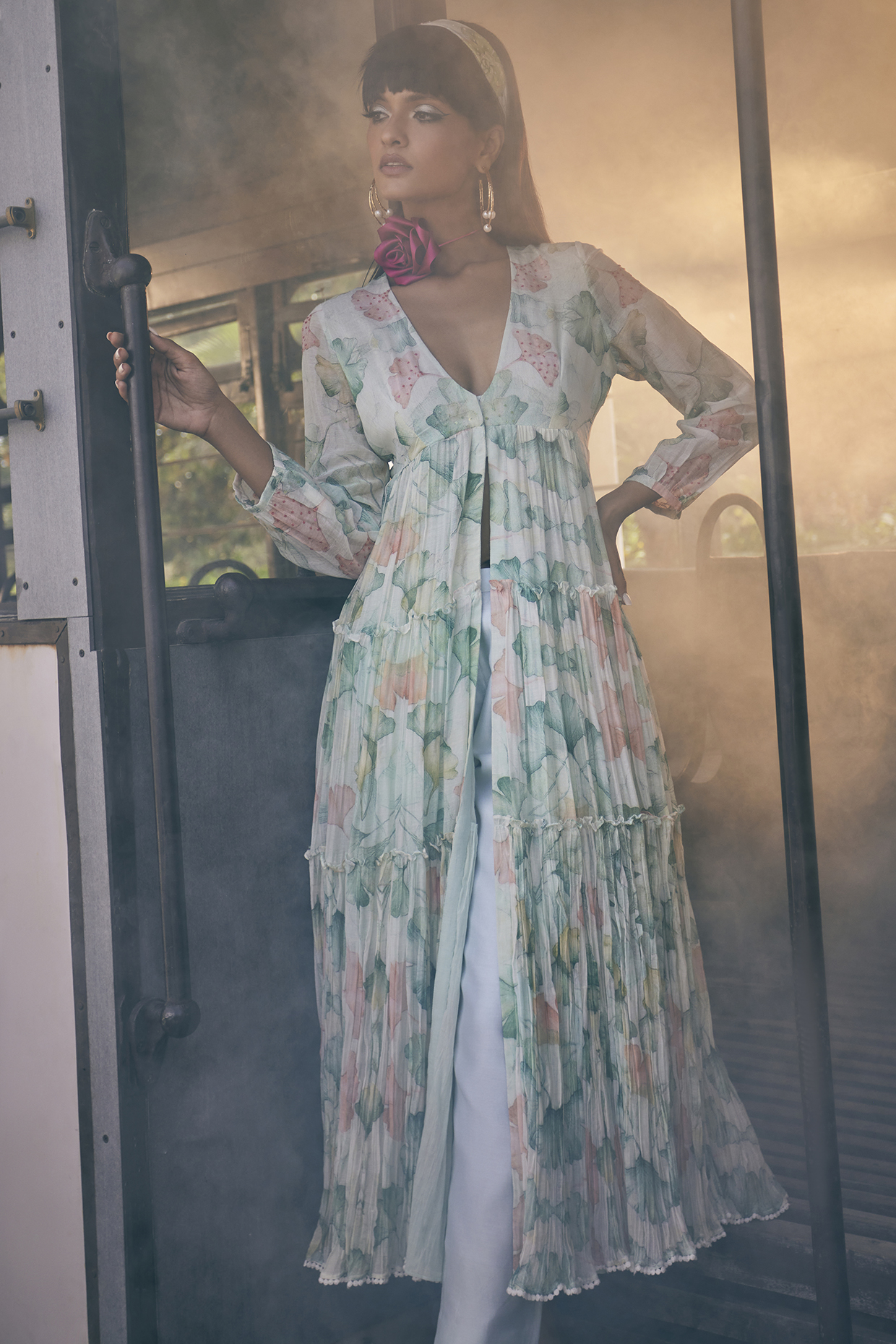 Mint Green Chanderi Floral Printed Party Wear Anarkali Set by TABEER INDIA at Pernia's Pop Up Shop