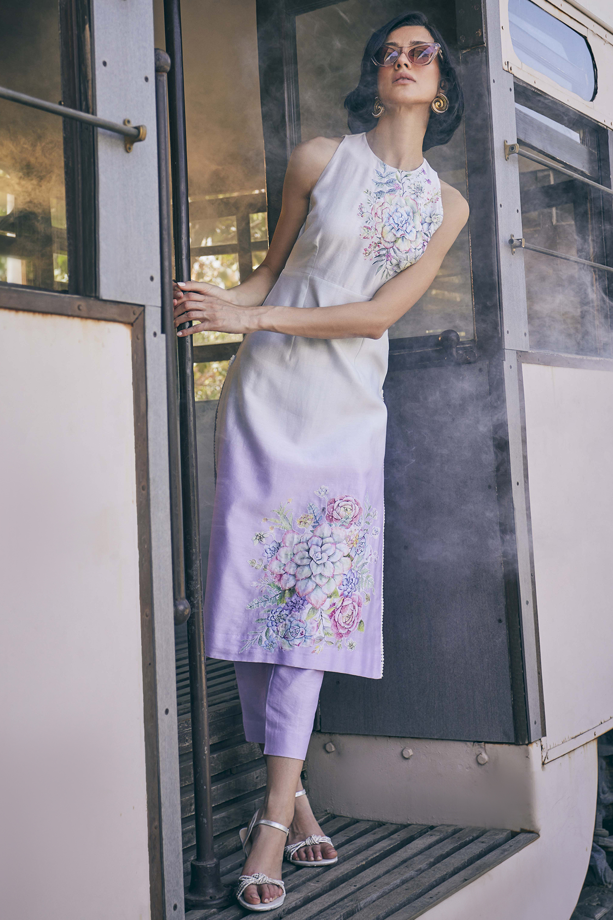 Purple & Mint Green Chanderi Floral Printed Ombre Tunic Set by TABEER INDIA at Pernia's Pop Up Shop