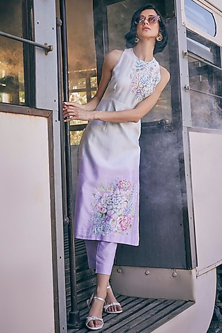 Purple & Mint Green Chanderi Floral Printed Ombre Tunic Set by TABEER INDIA