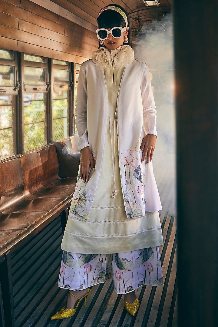 White Chanderi Floral Printed Jacket Set by TABEER INDIA
