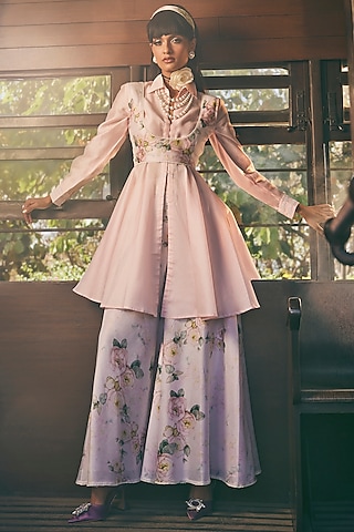 White Chanderi Floral Printed Jacket Set by TABEER INDIA