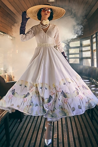 Ivory Chanderi Floral Printed Anarkali Set by TABEER INDIA