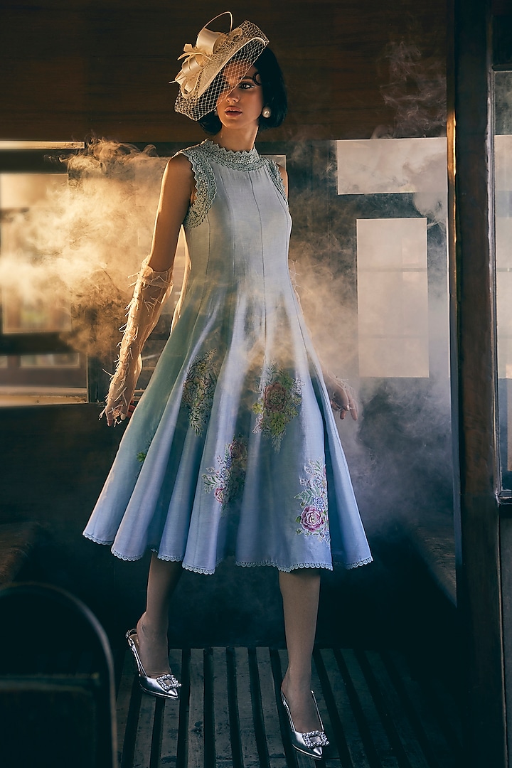 Blue Chanderi Floral Printed Midi Vacation Dress by TABEER INDIA at Pernia's Pop Up Shop