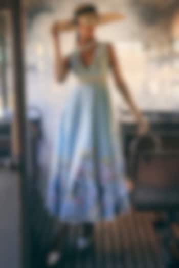 Blue Chanderi Floral Printed Midi Vacation Dress by TABEER INDIA at Pernia's Pop Up Shop