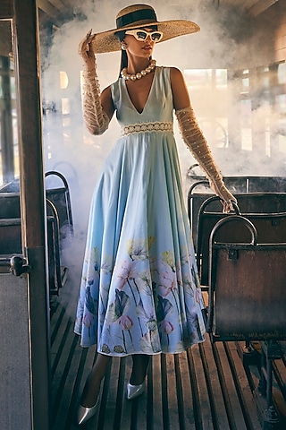 Blue Chanderi Floral Printed Midi Dress by TABEER INDIA