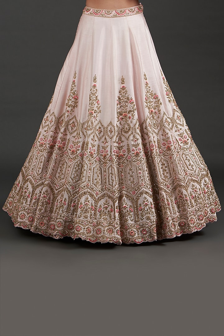 Peach Raw Silk Zardosi Embroidered Wedding Lehenga Set by Angad Singh at Pernia's Pop Up Shop