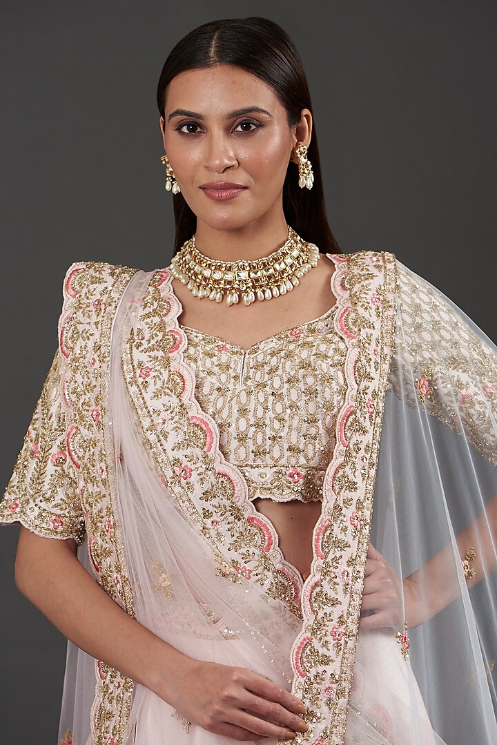 Peach Raw Silk Zardosi Embroidered Wedding Lehenga Set by Angad Singh at Pernia's Pop Up Shop