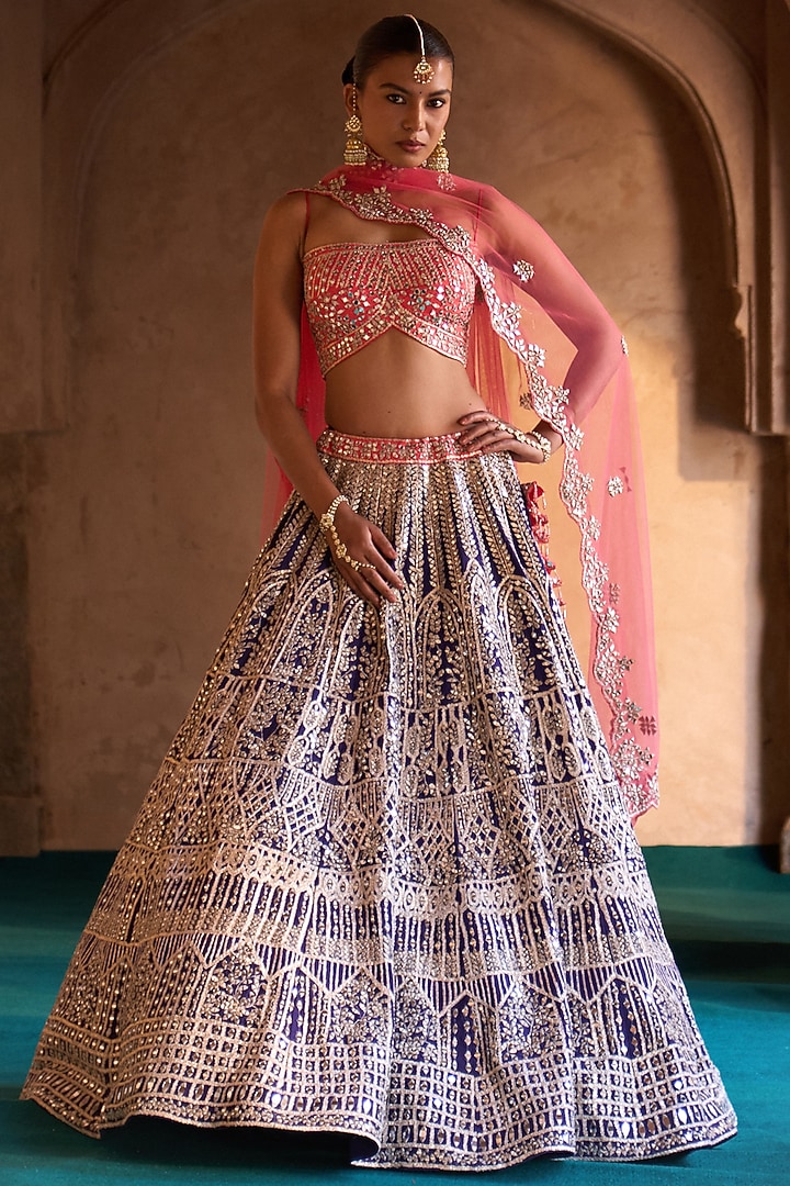 Midnight Blue Raw Silk Mirror Embroidered Bridal Lehenga Set by Angad Singh at Pernia's Pop Up Shop