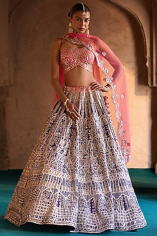 Midnight Blue Raw Silk Mirror Embroidered Lehenga Set by Angad Singh