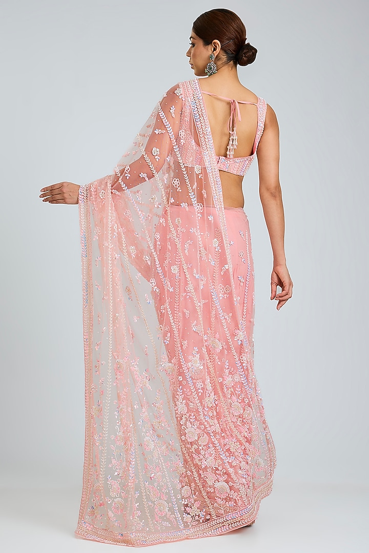 Pink Net Embroidered Reception Saree Set by Angad Singh at Pernia's Pop Up Shop