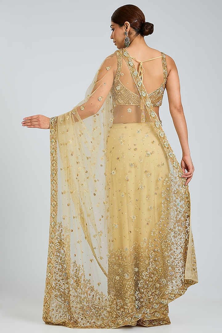 Gold Net Embroidered Reception Saree Set by Angad Singh at Pernia's Pop Up Shop
