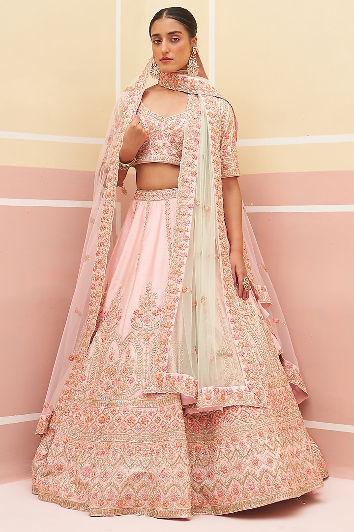 Pink Raw Silk Zardosi Embroidered Lehenga Set by Angad Singh