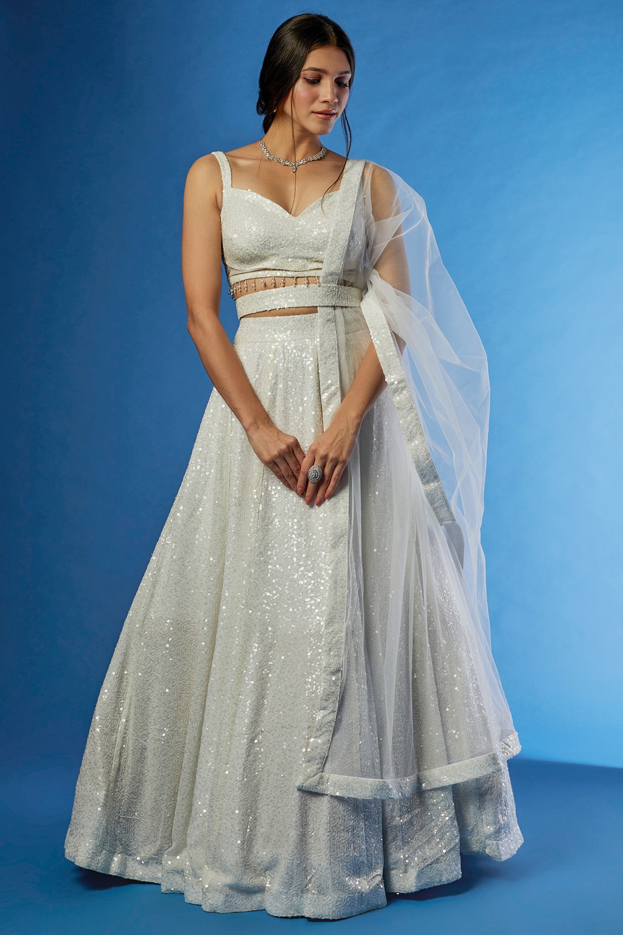 Off-Shoulder White Lehenga with Navy Blue Embroidery – Indira Bishen