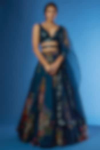 Peacock Blue Organza Printed & Embellished Wedding Lehenga Set by Angad Singh at Pernia's Pop Up Shop
