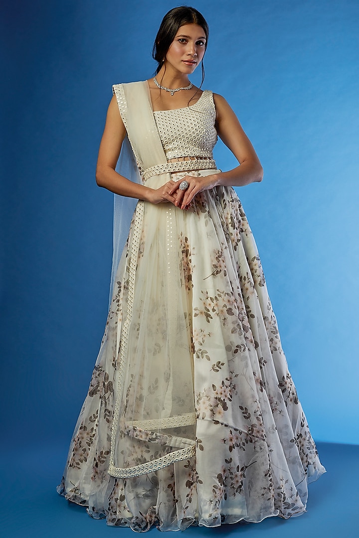 White Organza Printed & Embellished Wedding Lehenga Set by Angad Singh at Pernia's Pop Up Shop