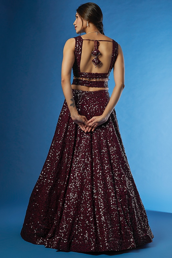 Wine Organza Embroidered Wedding Lehenga Set by Angad Singh at Pernia's Pop Up Shop