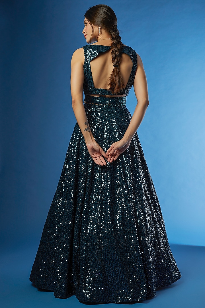 Teal Organza Sequin Embroidered Wedding Lehenga Set by Angad Singh at Pernia's Pop Up Shop