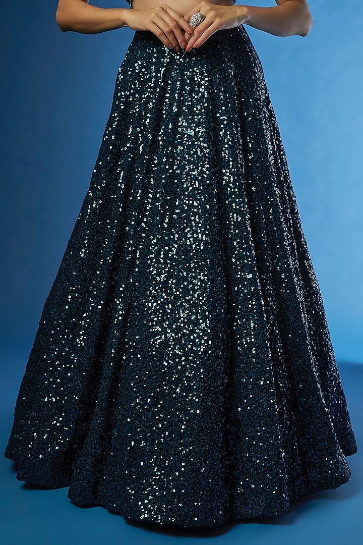 Teal Organza Sequin Embroidered Wedding Lehenga Set by Angad Singh at Pernia's Pop Up Shop
