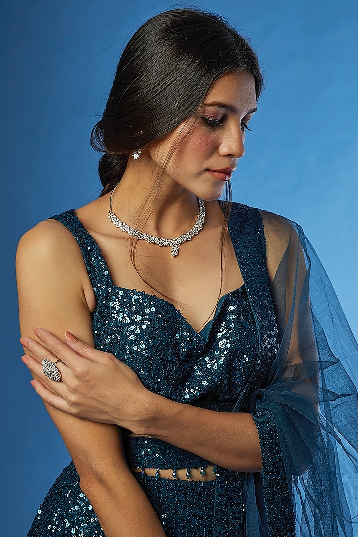 Teal Organza Sequin Embroidered Wedding Lehenga Set by Angad Singh at Pernia's Pop Up Shop