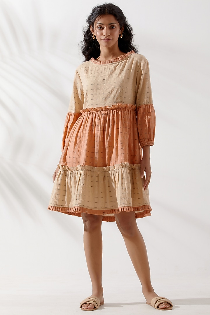 Beige Cotton Dobby Summer Dress by The Indian Cause at Pernia's Pop Up Shop
