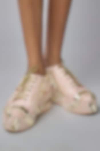 Pink Satin & Faux Vegan Leather Sneaker Wedges by TIESTA at Pernia's Pop Up Shop