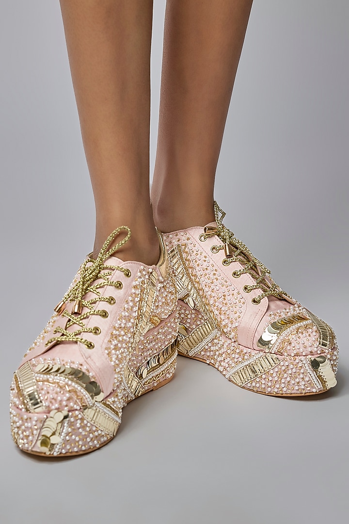Pink Satin & Faux Vegan Leather Sneaker Wedges by TIESTA at Pernia's Pop Up Shop