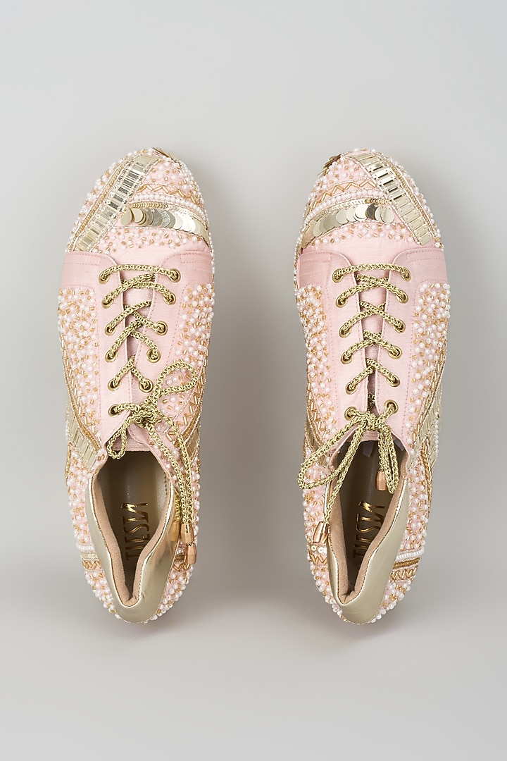 Pink Satin & Faux Vegan Leather Sneaker Wedges by TIESTA at Pernia's Pop Up Shop