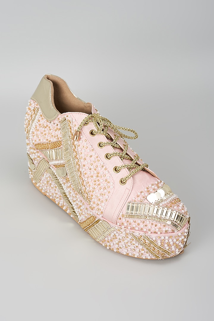 Pink Satin & Faux Vegan Leather Sneaker Wedges by TIESTA at Pernia's Pop Up Shop