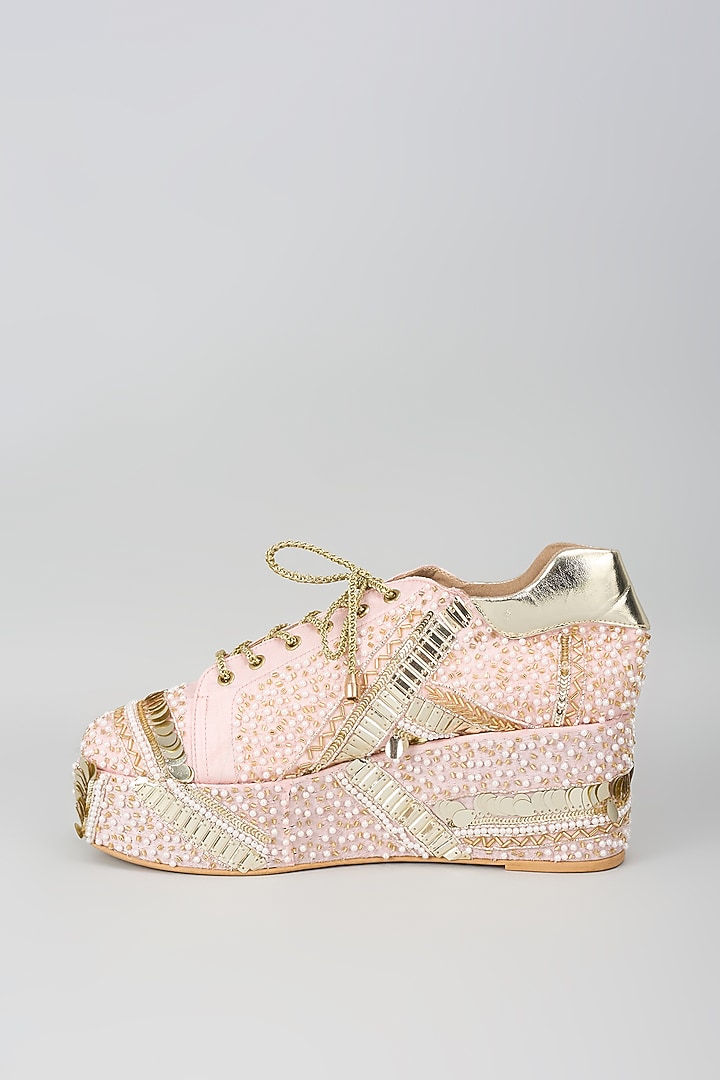 Pink Satin & Faux Vegan Leather Sneaker Wedges by TIESTA at Pernia's Pop Up Shop