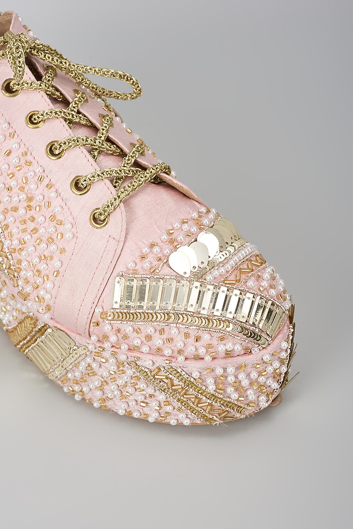 Pink Satin & Faux Vegan Leather Sneaker Wedges by TIESTA at Pernia's Pop Up Shop