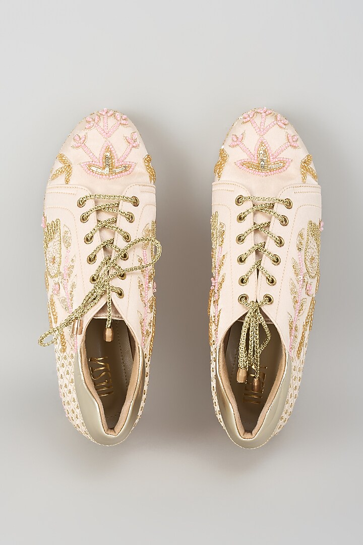 Gold Satin & Faux Vegan Leather Sneaker Wedges by TIESTA at Pernia's Pop Up Shop