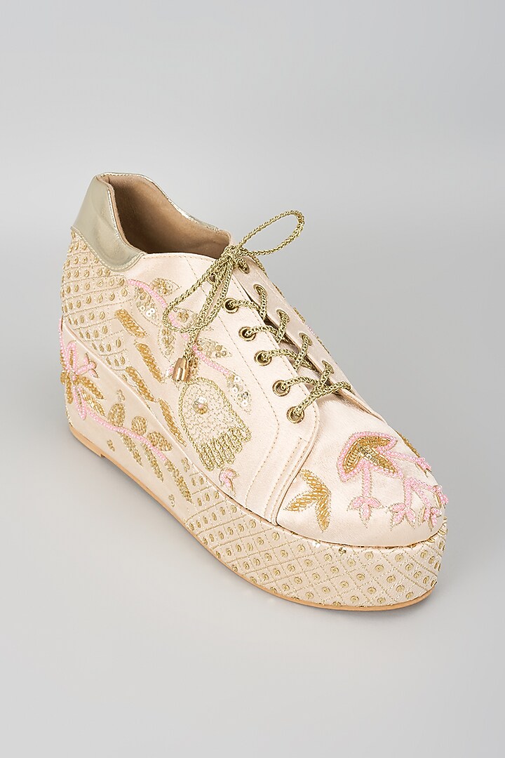 Gold Satin & Faux Vegan Leather Sneaker Wedges by TIESTA at Pernia's Pop Up Shop