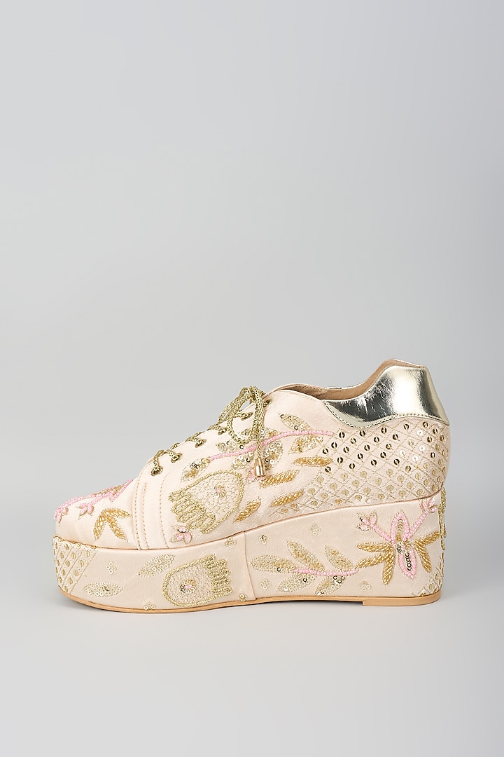 Gold Satin & Faux Vegan Leather Sneaker Wedges by TIESTA at Pernia's Pop Up Shop