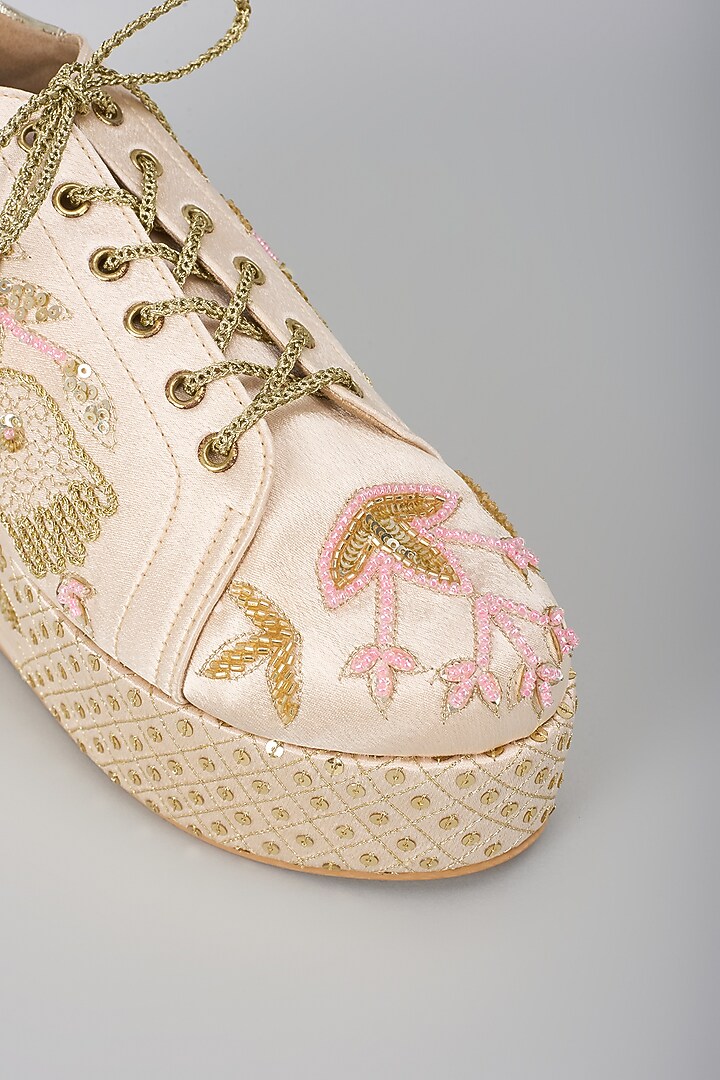 Gold Satin & Faux Vegan Leather Sneaker Wedges by TIESTA at Pernia's Pop Up Shop