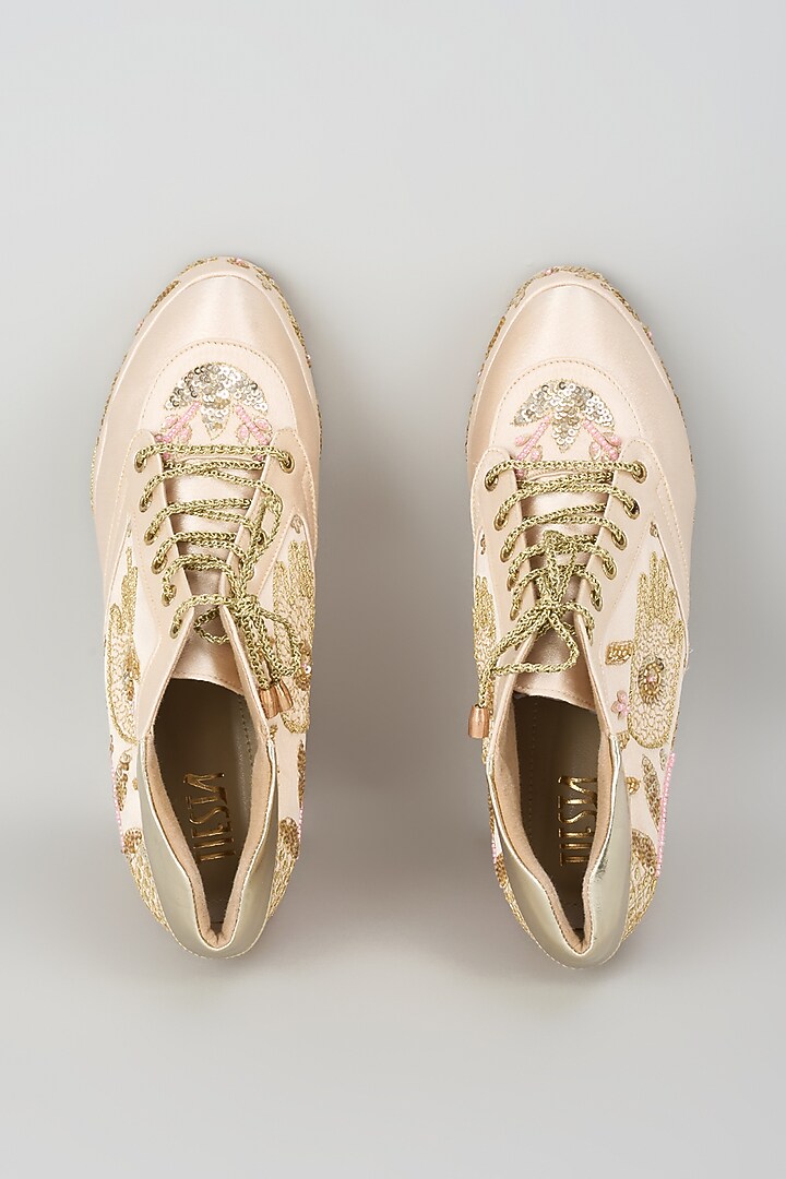 Gold Satin Embroidered Sneaker Wedges by TIESTA at Pernia's Pop Up Shop