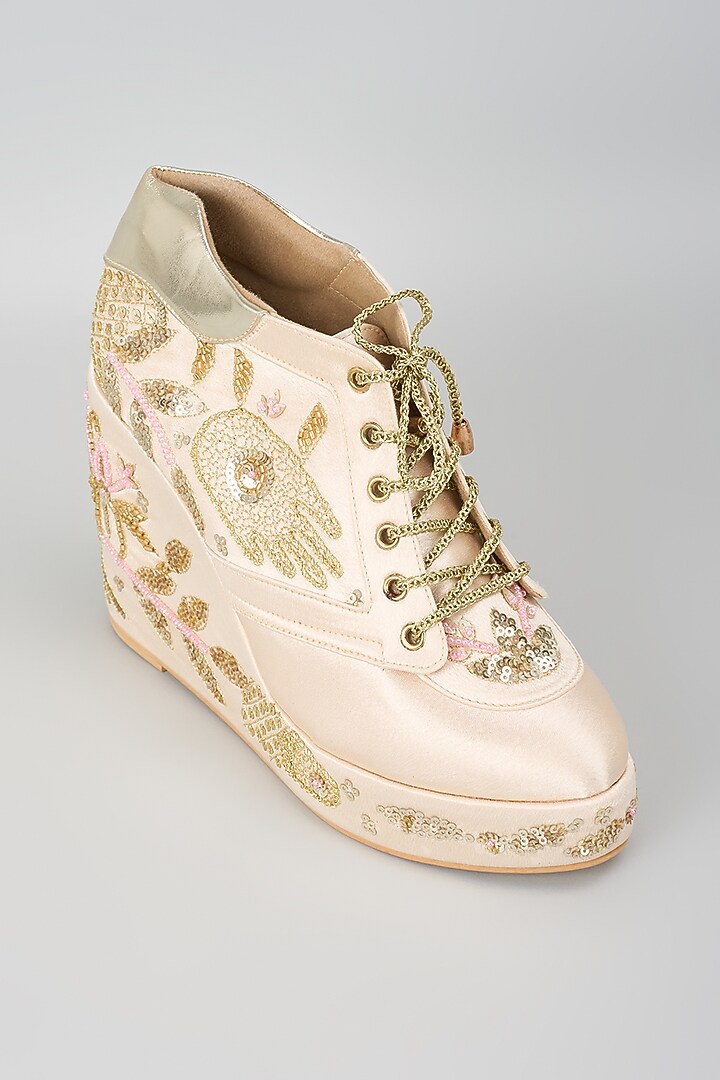 Gold Satin Embroidered Sneaker Wedges by TIESTA at Pernia's Pop Up Shop